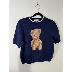Society 212 Teddy Bear Graphic Pullover Sweater Navy Blue Knit Crew Neck M